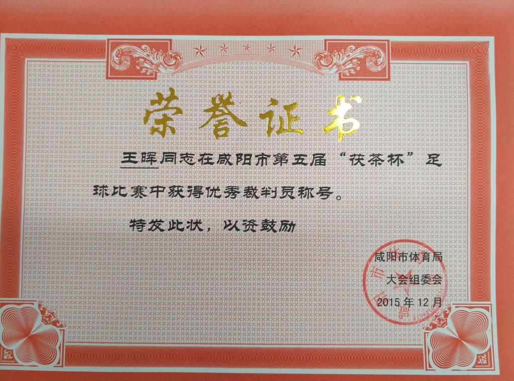王晖荣获第五届“茯茶杯”足球赛优秀裁判员