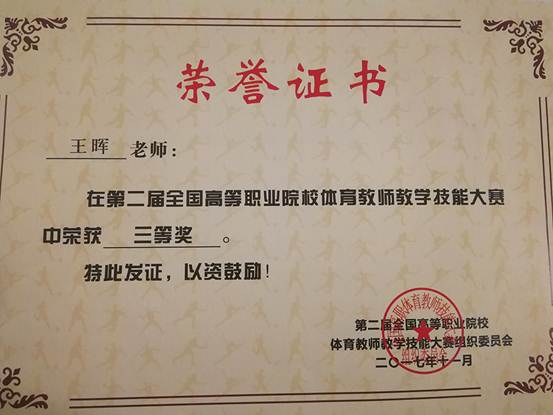 王晖老师荣获第二届全国高等职业院校体育教师教学技能大赛三等奖