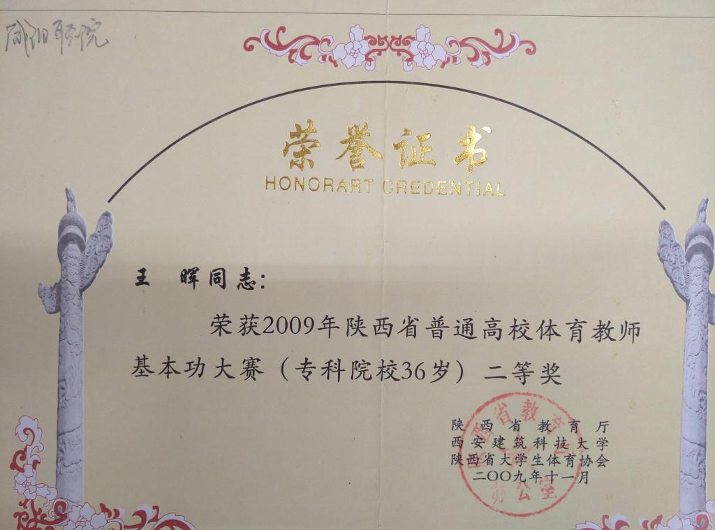 王晖荣获09年省高校体育教师基本功大赛二等奖