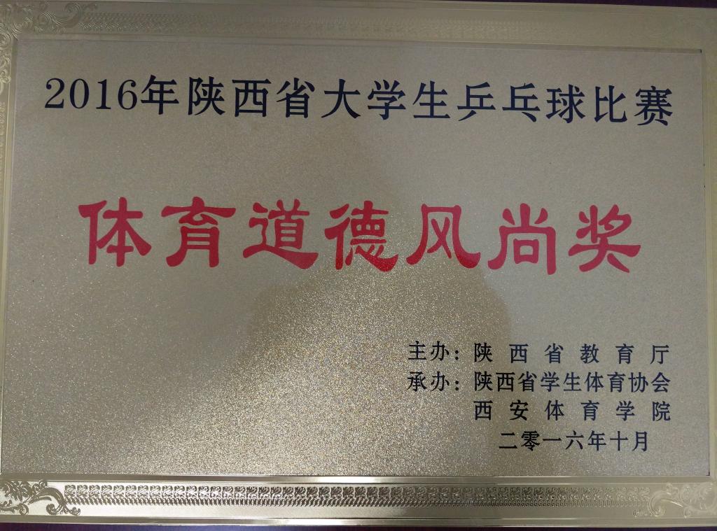 2016年陕西省老员工乒乓球赛体育道德风尚奖
