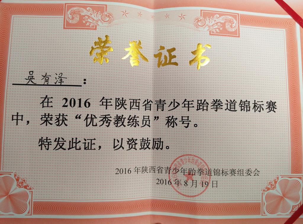 吴有泽老师荣获省青少年跆拳道锦标赛优秀教练员​