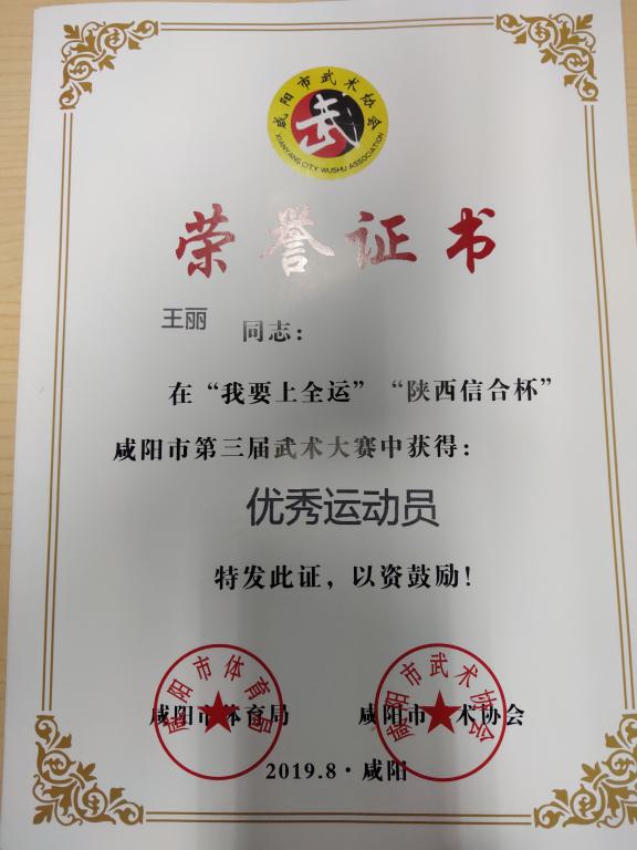 王丽老师获得咸阳市第三届武术大赛优秀运动员